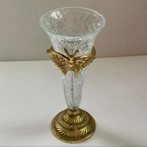 Vintage Rose Bud Vase Crackled Glass Removable Gold Butterfly Stand